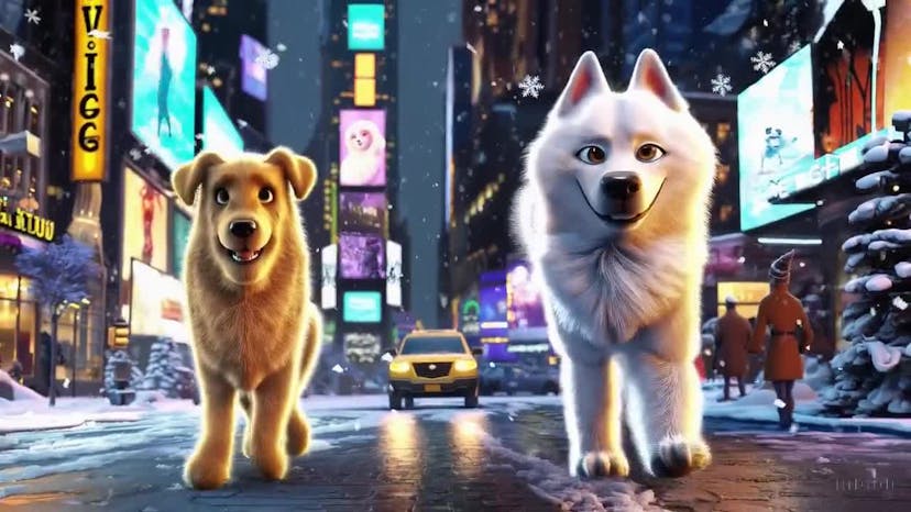 Sora can also generate stories involving a sequence of events, although it's far from perfect. For this video, I asked that a golden retriever and samoyed should walk through NYC, then a taxi should stop to let the dogs pass a crosswalk, then they should walk past a pretzel and hot dog stand, and finally they should end up looking at Broadway signs.