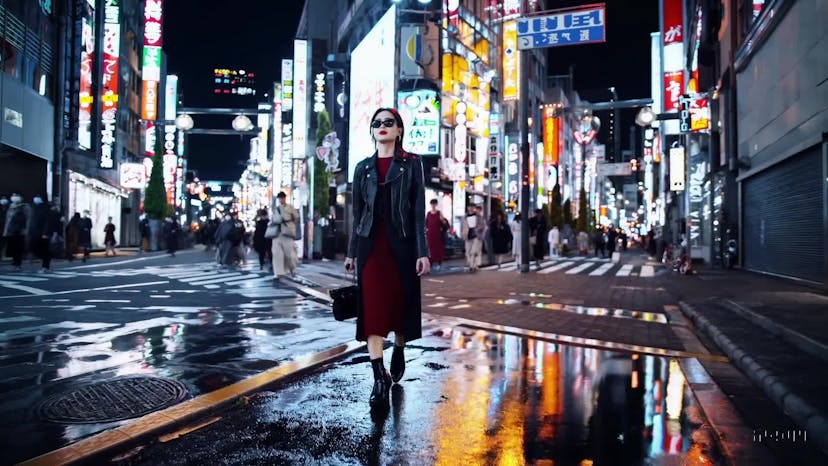 A stylish woman walks down a Tokyo street filled with warm glowing neon and animated city signage. She wears a black leather jacket, a long red dress, and black boots, and carries a black purse. She wears sunglasses and red lipstick. She walks confidently and casually. The street is damp and reflective, creating a mirror effect of the colorful lights. Many pedestrians walk about.