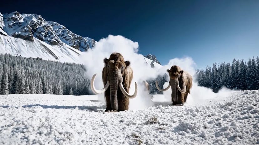 Several giant wooly mammoths approach treading through a snowy meadow, their long wooly fur lightly blows in the wind as they walk, snow covered trees and dramatic snow capped mountains in the distance, mid afternoon light with wispy clouds and a sun high in the distance creates a warm glow, the low camera view is stunning capturing the large furry mammal with beautiful photography, depth of field.