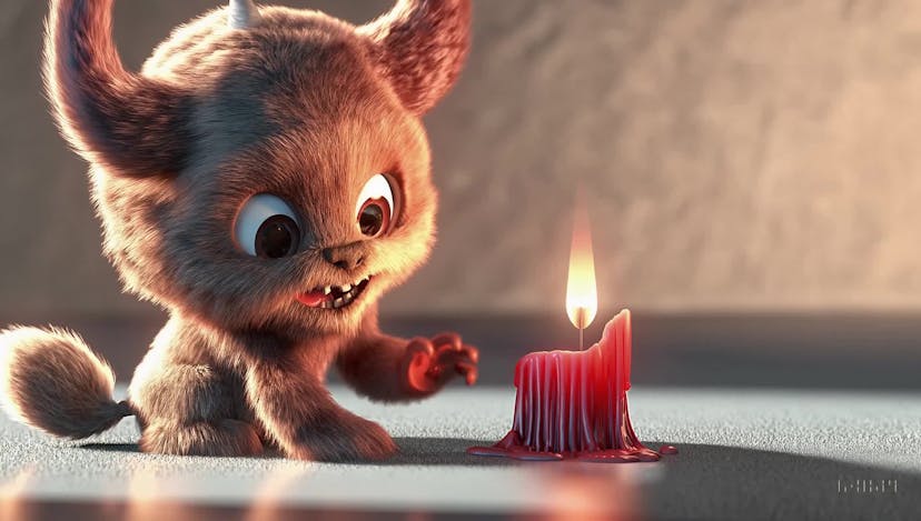 Animated scene features a close-up of a short fluffy monster kneeling beside a melting red candle. The art style is 3D and realistic, with a focus on lighting and texture. The mood of the painting is one of wonder and curiosity, as the monster gazes at the flame with wide eyes and open mouth. Its pose and expression convey a sense of innocence and playfulness, as if it is exploring the world around it for the first time. The use of warm colors and dramatic lighting further enhances the cozy atmosphere of the image.